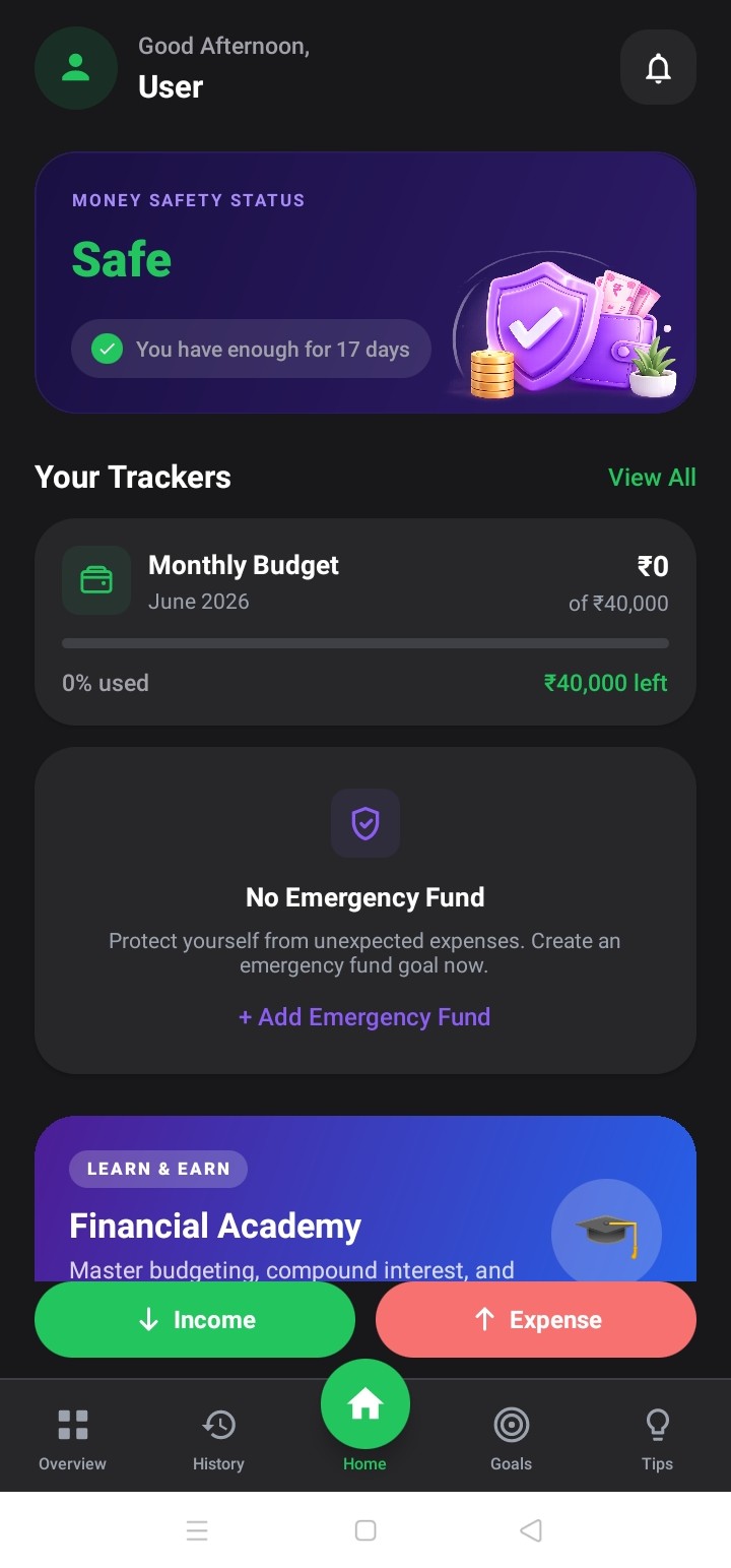 Wise Money home screen showing money safety status and monthly budget