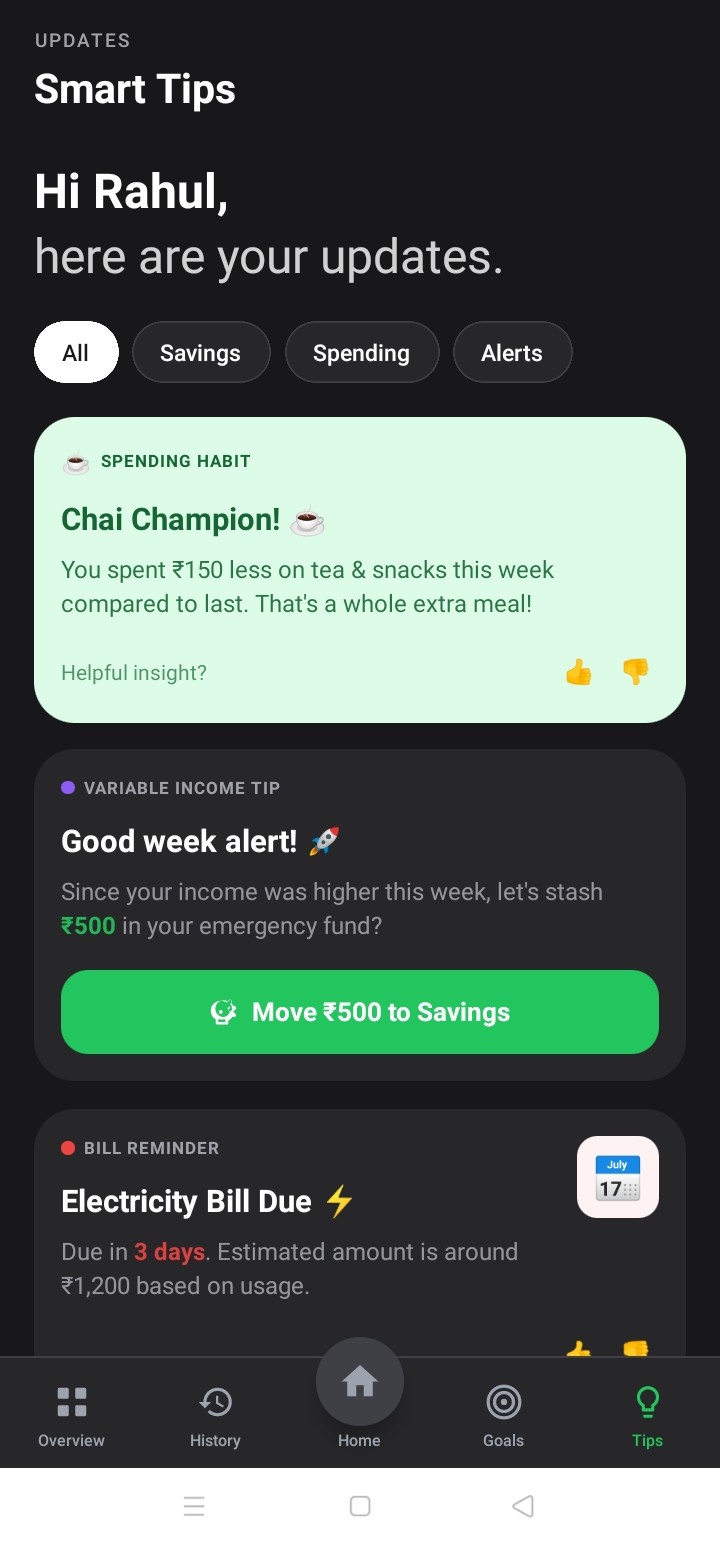 Wise Money insights screen with AI suggestions and analytics