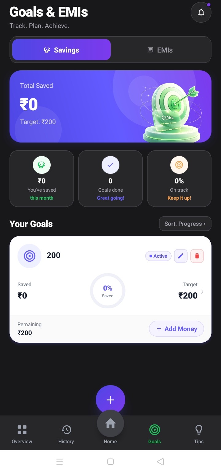 Wise Money goals screen showing savings progress toward a target
